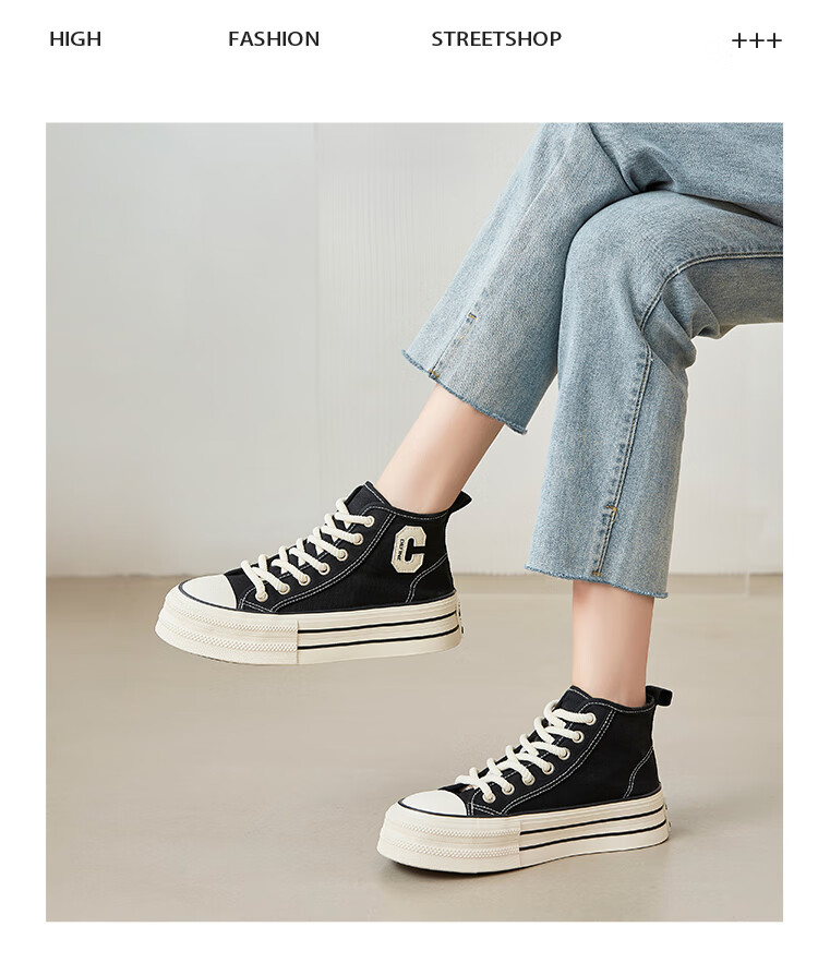 ZHR Canvas Shoes for Women, Classic Thick-Soled High-Top Casual Shoes, Lightweight Breathable Round-Toe Women's Shoes, CS32, Black, Size 37 9
