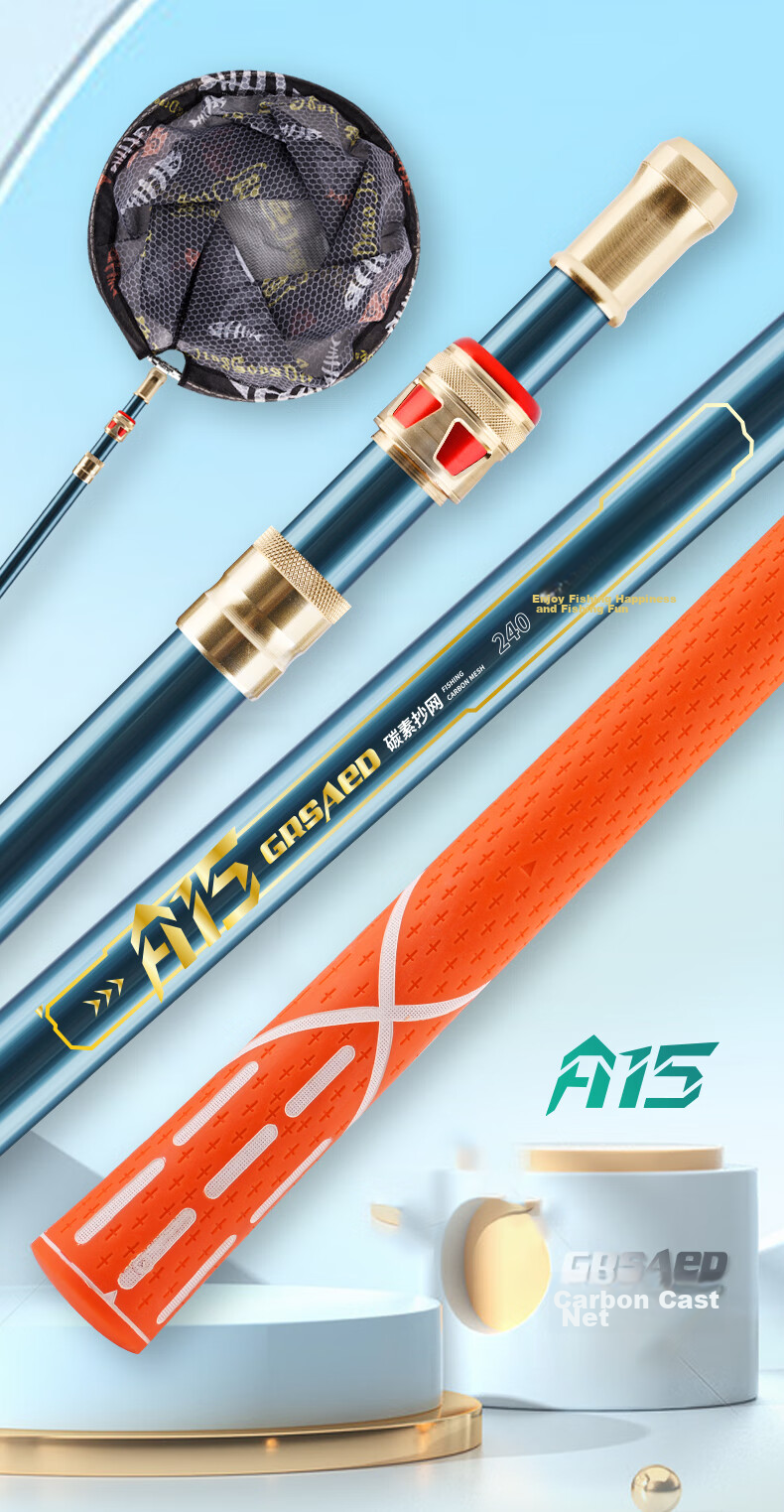 Grsaed Fishing Carbon Fiber Landing Net, 2.7-Meter Landing Net Pole, Fish Catching Net, Folding Net Head, Landing Net Pole Set A15 2