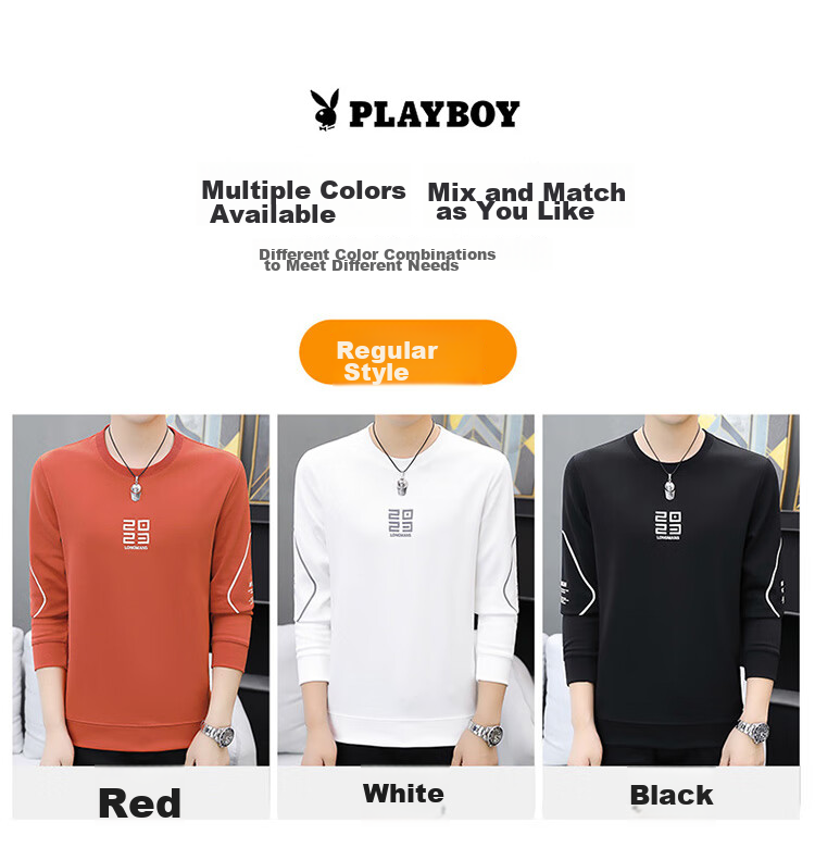 PLAYBOY Sweatshirt, Men's Spring Jacket, Trendy Round Neck Long-Sleeve T-Shirt, Casual Loose Top for Me 9