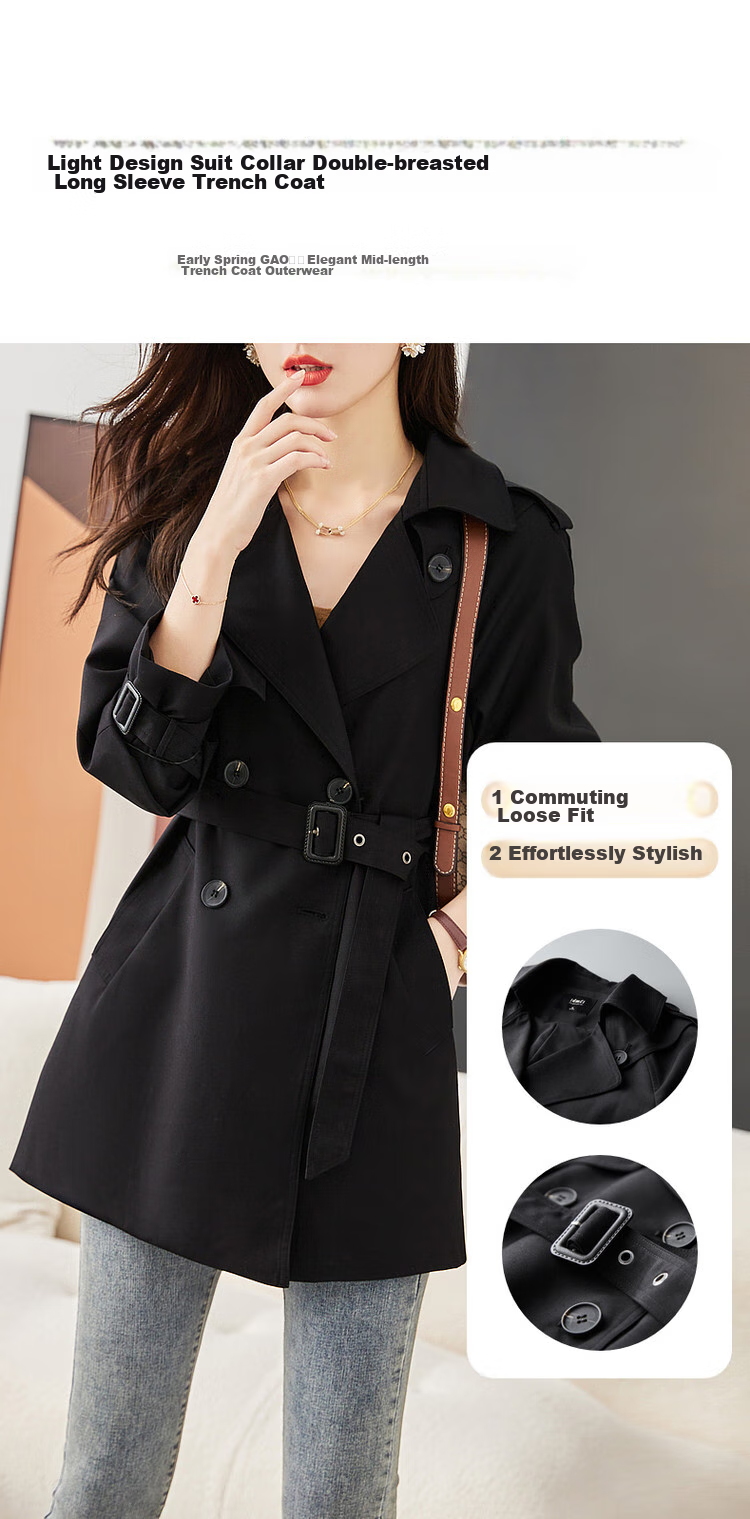 Dme Double-Breasted Trench Coat, Spring And Autumn Suit Collar H-Type Double-Breasted Long-Sleeve Trench Coat for Women, Mid-Length Style, Deep Khaki, S 3