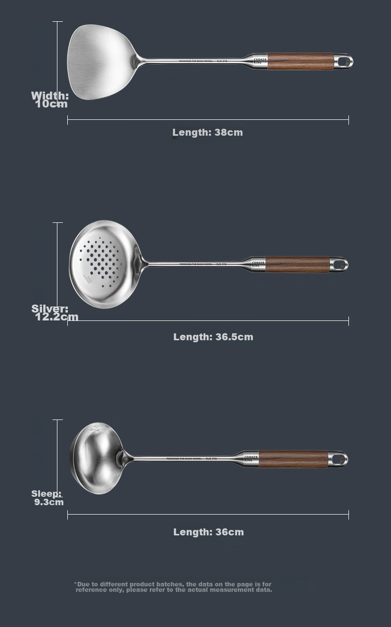 COOKER KING 316L Stainless Steel Kitchen Utensil Set: Spatula, Soup Ladle, And Strainer (Set of Three) with Rosewood Handles 14