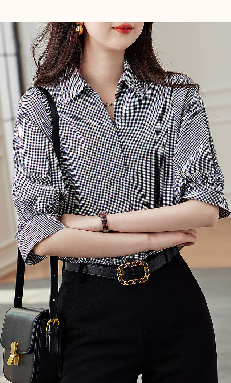 Dme [Furei Lian Ge] Summer V-Neck Shirt with Collar, Vintage Plaid Comfortable Slimming Blouse Women's Top 11
