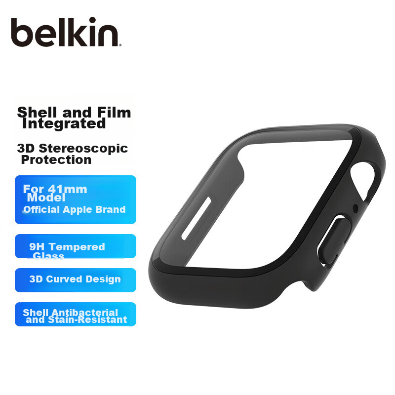 BELKIN Full Protection Case for Apple Watch, Tempered Glass Screen Protector And Shockproof Case Two-In for Apple Watch S9/S8/S7 to S4, Black, 41mm