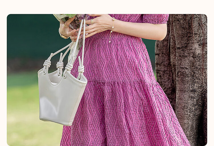 Dme [Bubble Pleated Texture] Summer French Square Neck Cotton Waist-Cinching Ruched Wide-Leg Waist-Cinching Dress 5