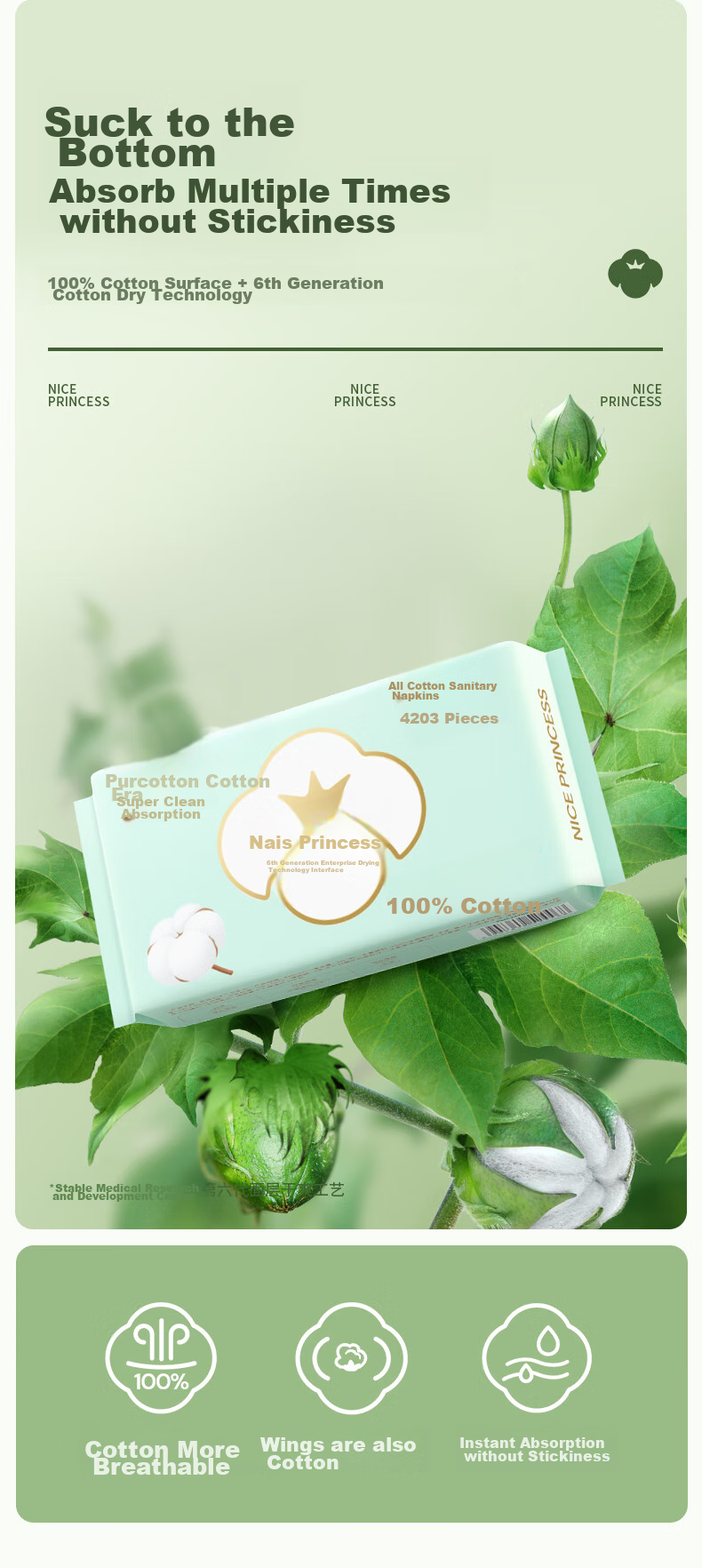 PurCotton Princess Disinfection-Grade Ultra-Pure Cotton Sanitary Napkins for Night Use, 3 Packs, 15 Pieces (360*15p) 3