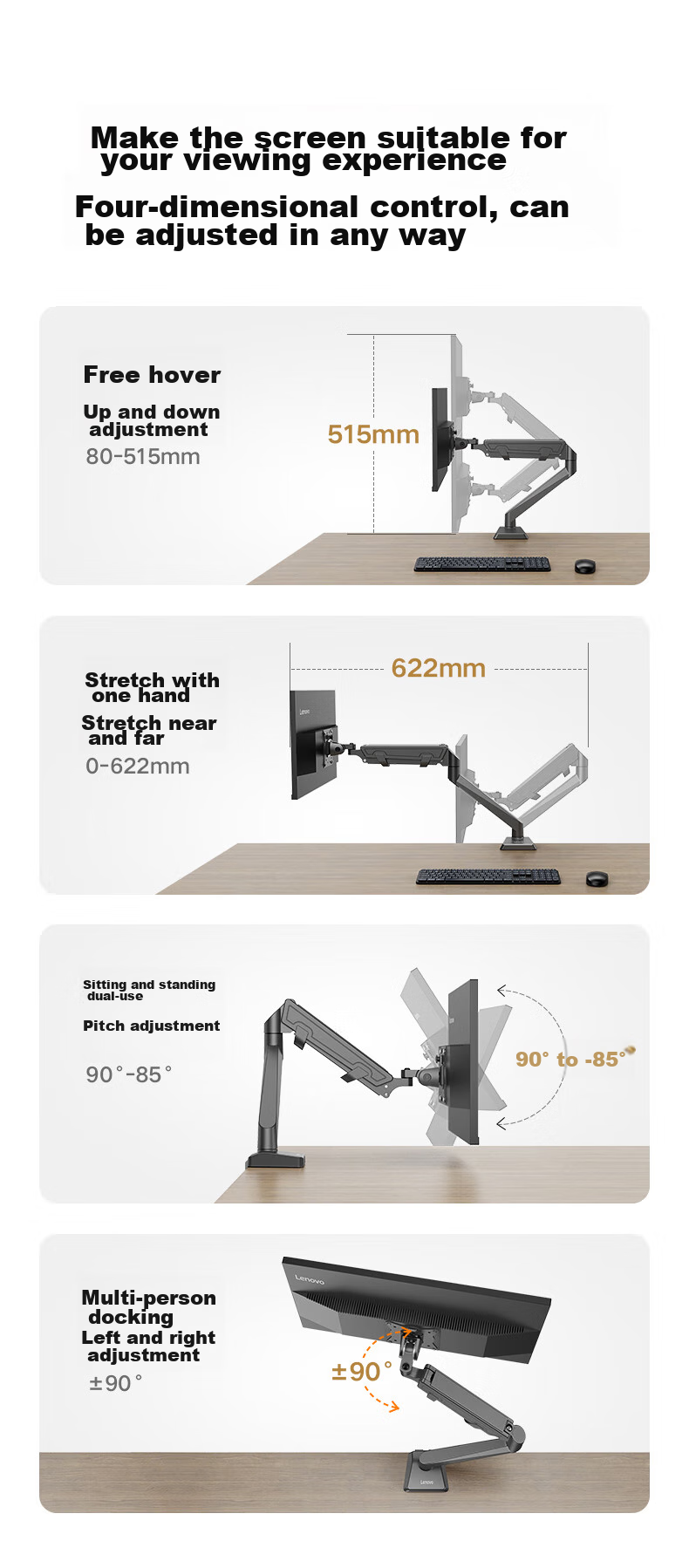 Lenovo Monitor Arm Mechanical Arm Computer Stand Display Screen Bracket Height Adjustable Desk Clamp Rotating Stand 22-40 Inch AD-120 14