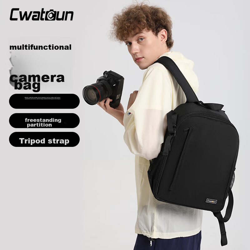 CWATCUN Camera Backpack, Portable Shoulder Bag for Canon Nikon Sony, Multifunctional Water-Resistant Shooting Bag