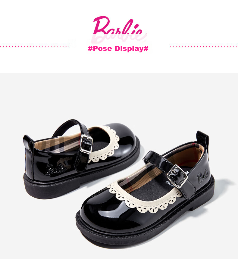 Barbie Children's Shoes Spring And Autumn Leather Shoes, British Style Princess Shoes, Performance Shoes, Academic Style Flats DA5825, Black, Size 26 14