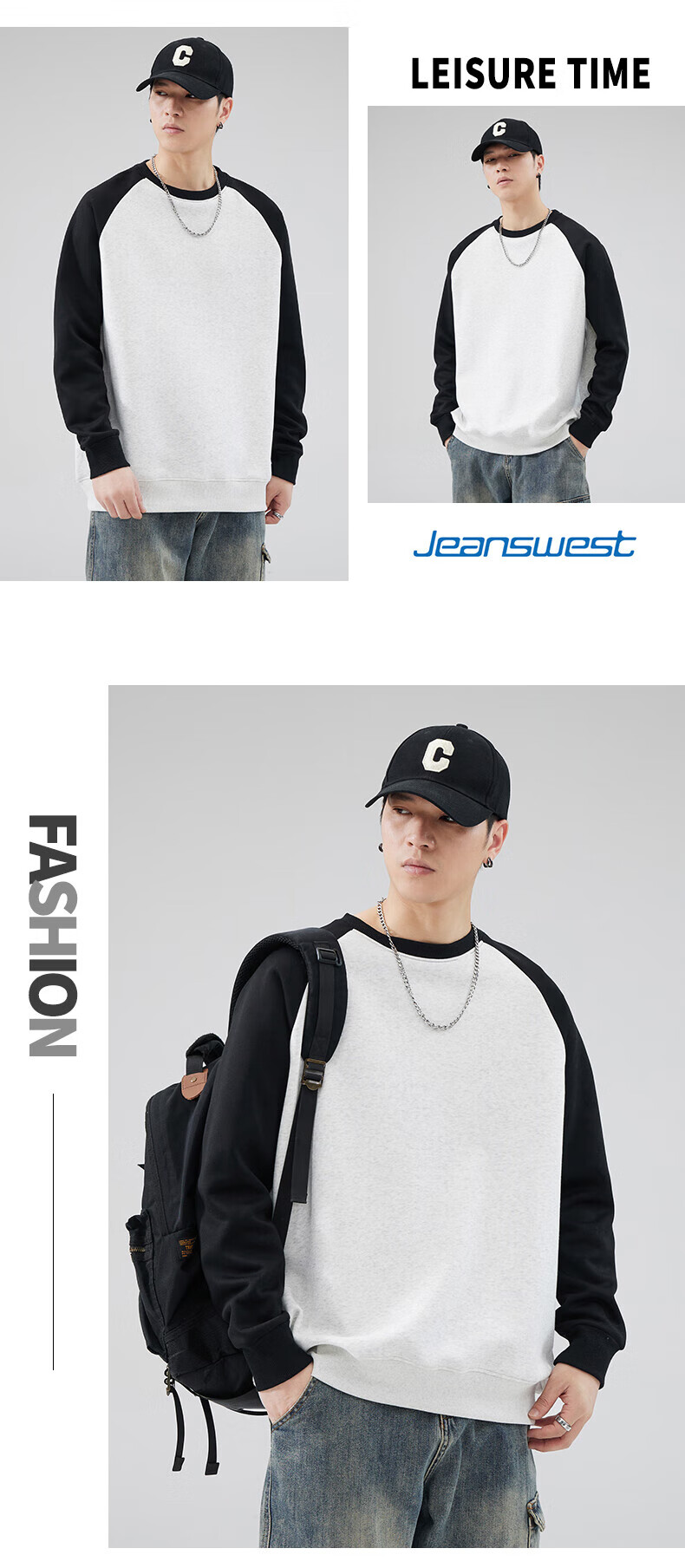 Jeanswest Men's Sweatshirt 2026 Spring Crewneck Pullover Drop Shoulder Colorblock Loose Casual Simple Fashion Navy Blue with White and Gray XL 2
