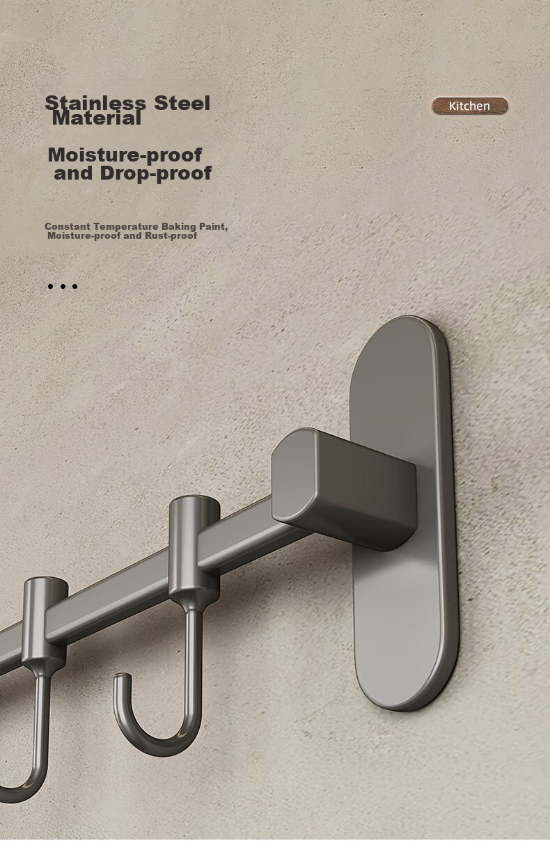 YOUQIN Kitchen Storage Rack Hooks, Wall-Mounted without Drilling, Multifunctional Hook Organizer, Pot Lid Rack, Stainless Steel Hanging Rod, Gunmetal Gray, 50cm 7