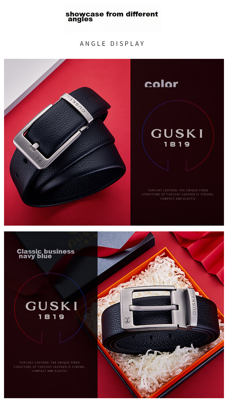 GUSKI Brand Men's Leather Belt with Pin Buckle, Gift Box, Casual Trouser Belt, Birthday Gift for Boyfriend Or Husband 13