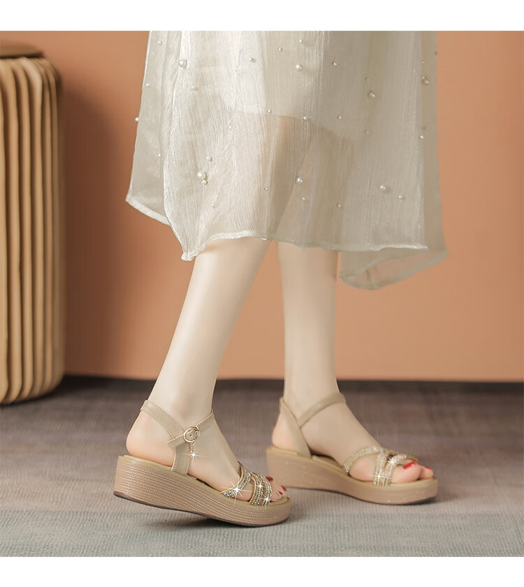 ZHR Women's Shoes, Summer Wedge Versatile Sandals, Fashionable Rhinestone Platform Slimming Beach Shoes for Women, AY161, Apricot Color, Size 35 12