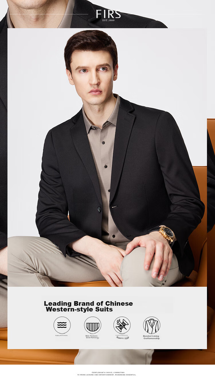 FIRS Men's Suit, Four-Season Style, Lightweight, Breathable, Crisp, Slim-Fit, Notch Lapel, Commuter Work Jacket 1