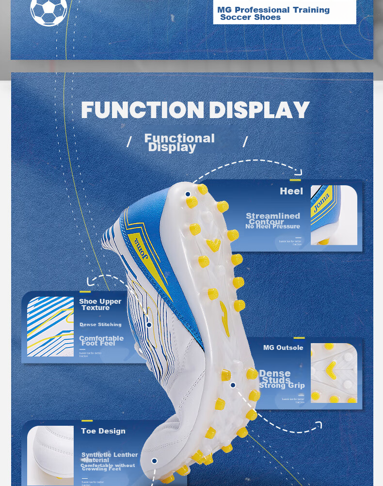 JOMA Adult Soccer Shoes for Men And Youth Students, MG Short Studs Breathable Professional Football Training Shoes, White And Blue, Size 39 2