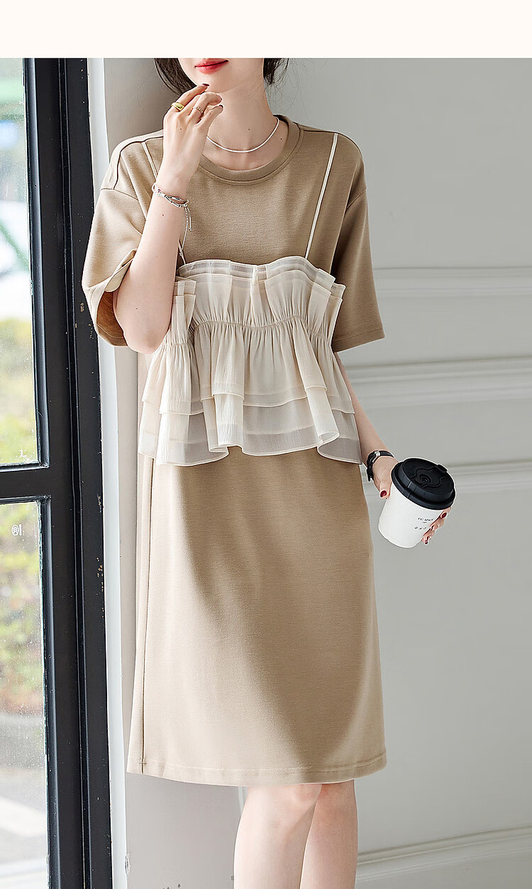 Dme [Light French Style Guide] Summer Round Neck Flowy Mesh Spliced Knit Gentle Knit Dress, Mid-Length for Wome 16