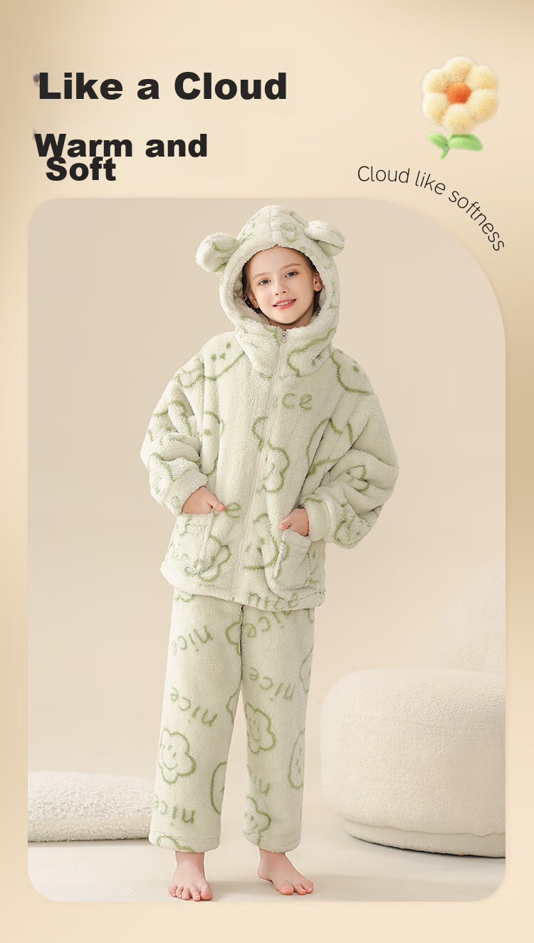 LangSha [Fleece-Lined Thick Flannel] Children's Pajamas, Girls' Sleepwear for Older Kids, Autumn And Winter, Warm Home Wear Set for Teenage Girls And Babies 2
