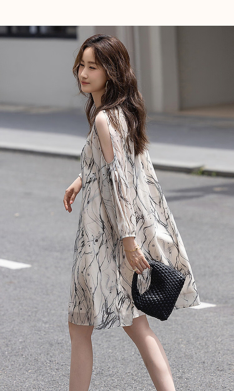 Dme [In Water One Side] Summer Chinese Style New Chinese Elegant Ink Wash Print Off-Shoulder Lightweight Concealing Women's Dress 16