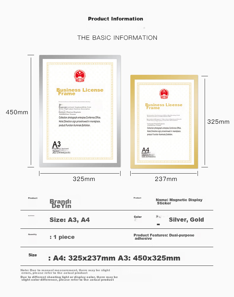 Befon Business License Frame, Magnetic Display A4 Holder, No Drilling Required, Strong Magnetic Attachment, Ready to Use, Specially Designed for Licenses, Photo Poster Protective Frame, Silver 5498 3