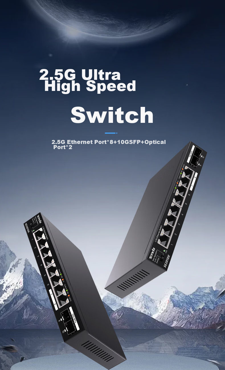 Tenda 8-Port 2.5G Switch + Dual Gigabit SFP+ Ports, Supports VLAN/Link Aggregation, Network Cable Splitter, Compatible with Cat5e/6 Optical Modem NAS SE2010X 1