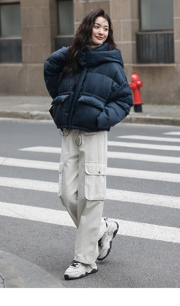 Dme [Navy Blue Short Down Jacket with Large Pockets], Winter Hooded Windproof Button Design down Coat for Wome 11