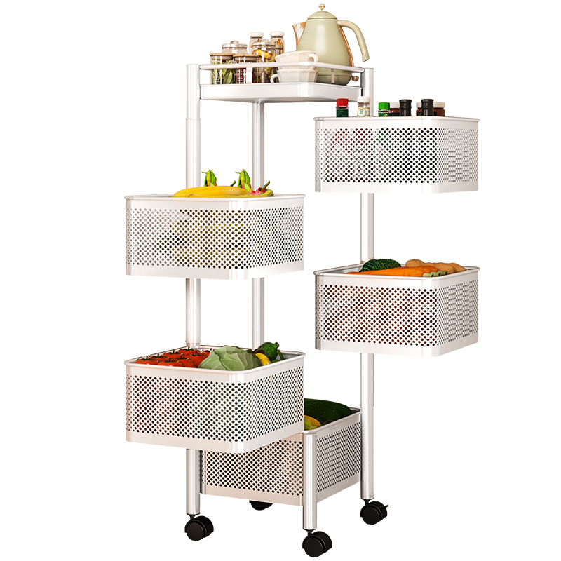 Yicainianhua Kitchen Storage Rack, Floor-Standing Vegetable Basket, Rotating Shelf, Vegetable Organizer, Living Room Storage Movable Cart, 1118-WH
