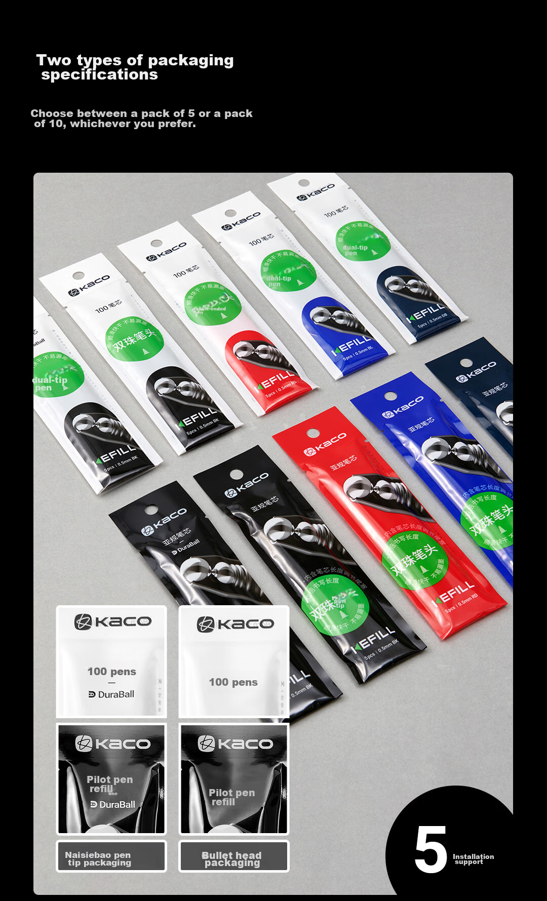 KACO Wensaiya Push-Button Refill 0.5, Gel Pen Refill, Double Ball Quick-Drying, Black, Pack of 10 16