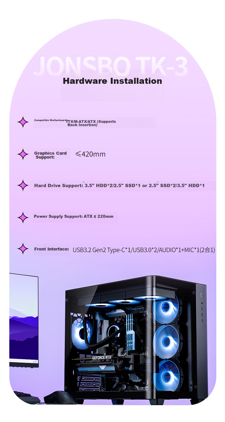 JONSBO TK-3 Black Curved Panoramic ATX Case (Dual 360 Radiator Support/ATX PSU/10 Fan Positions/Type-C Gen2 10Gbps+) 9