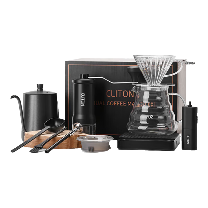 CLITON Hand-Crank Coffee Grinder, Portable Manual Coffee Maker with Coffee Pot And Filter Cup, Electronic Scale Set
