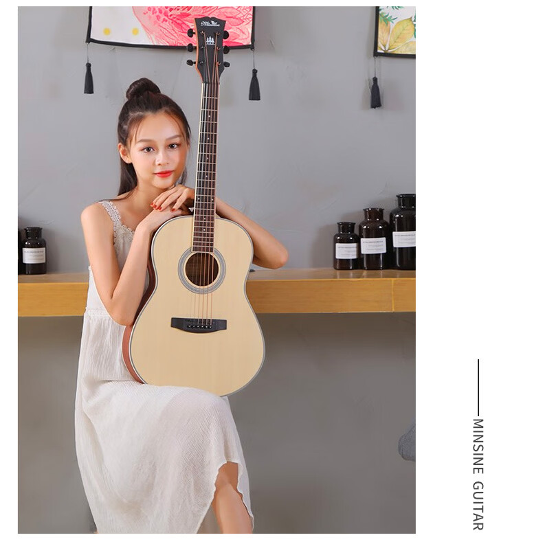 Minsine 34-Inch/Original Wood Color Matte Travel Guitar for Students, Beginners, Folk Guitar for Men And Women, Small Guitar 3