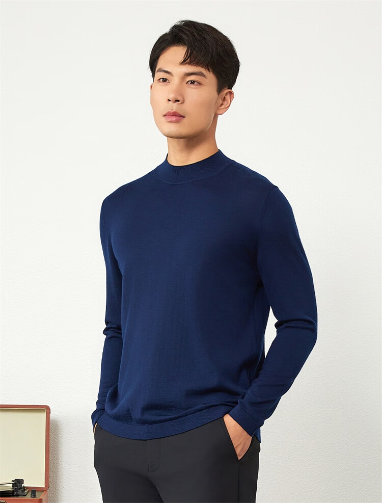 Goldlion Men's Wool Sweater, Spring And Autumn New Style, Simple Solid Color Knitted Inner Layer Top WLR0739-LK103, Navy Blue, M00 11