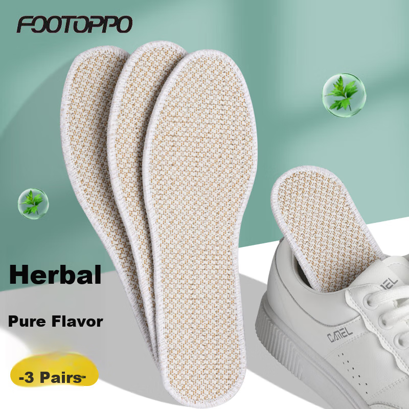 FOOTOPPO Linen Herbal Insoles for Men Summer Sports Sweat-Absorbing Breathable Cotton Linen Odor-Resistant Summer Insoles