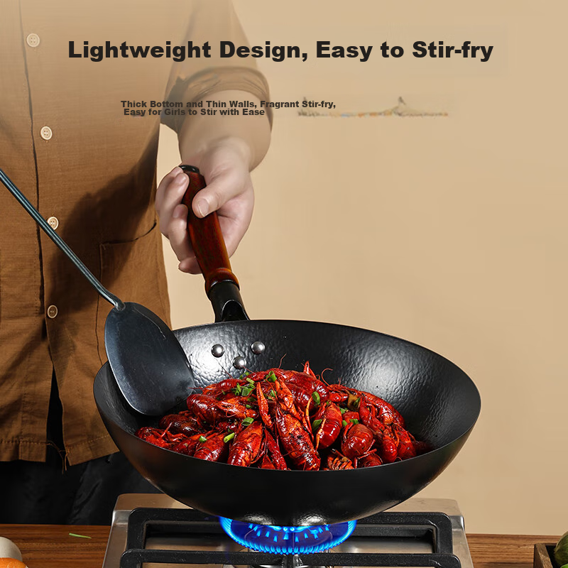 Jincun Iron Wok, Uncoated, for Home Cooking, Round Bottom, Non-Stick, Forged Pure Iron Pan, Suitable for Gas Stove, Preheated