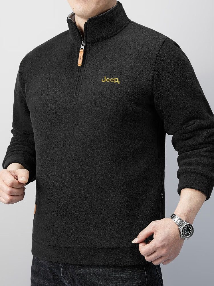 JEEP Fleece-Lined Sweatshirt for Men, Loose Long-Sleeve T-Shirt, Men's Trendy Clothing, Style 053, Black, 2XL 3
