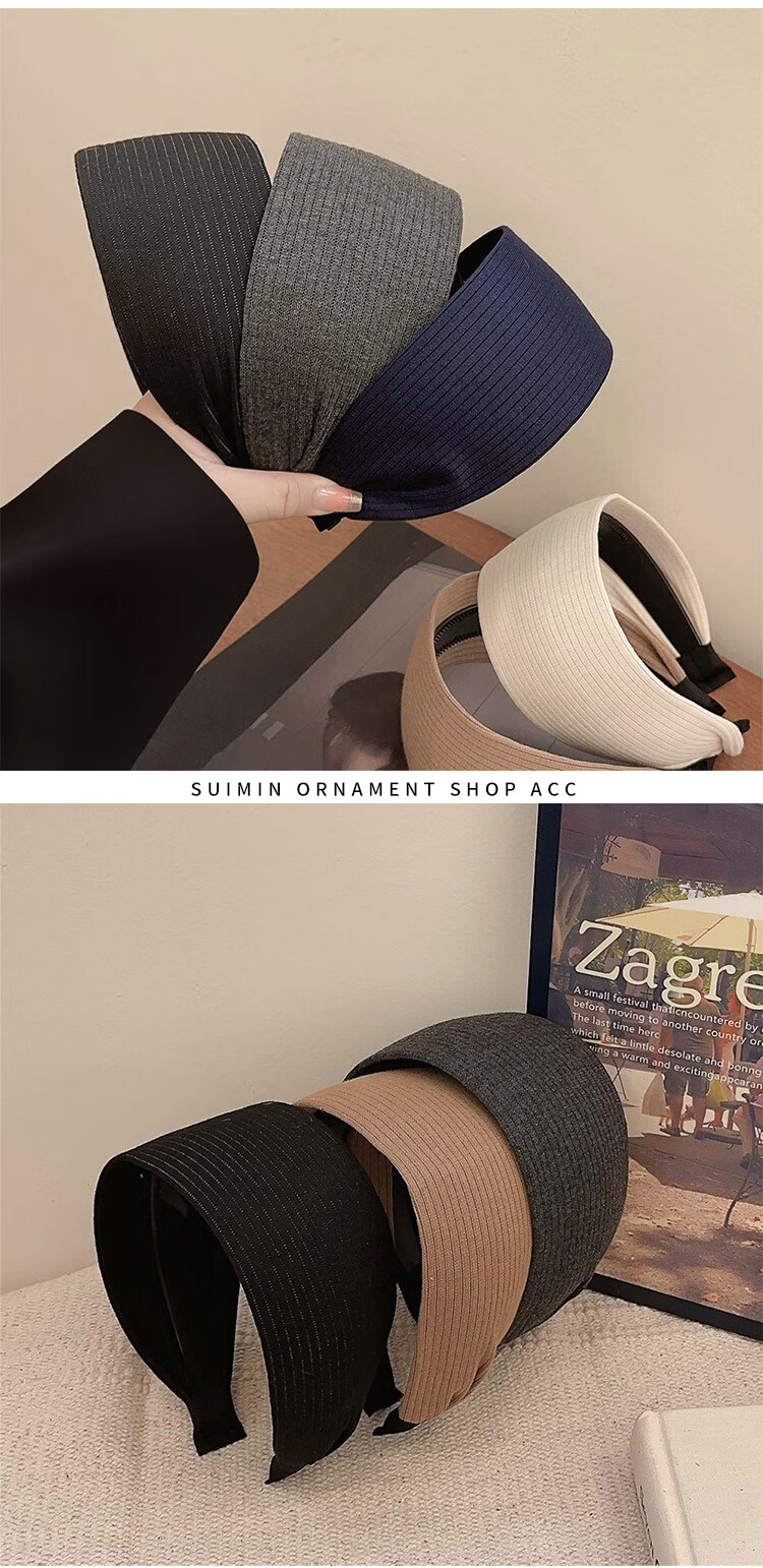 GECOMO Yimengling Same Style Gray Wide-Edge Headband for Women, Korean-Style Knitted High Crown Sports Band Headband Hair Accessory 2