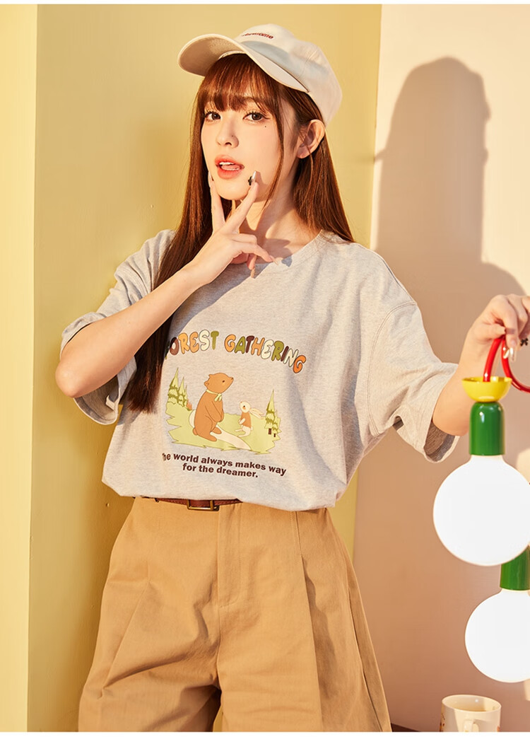 TonLion 2025 Women's Front Print Short Sleeve T-Shirt Light Heather Gray S 9