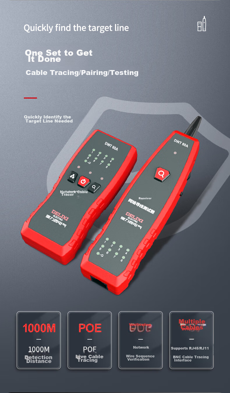 DELIXI ELECTRIC Multifunctional Cable Tester, Wire Tracker, Anti-Interference Telephone And Network Cable Tester, Home Use DWT 60B 8