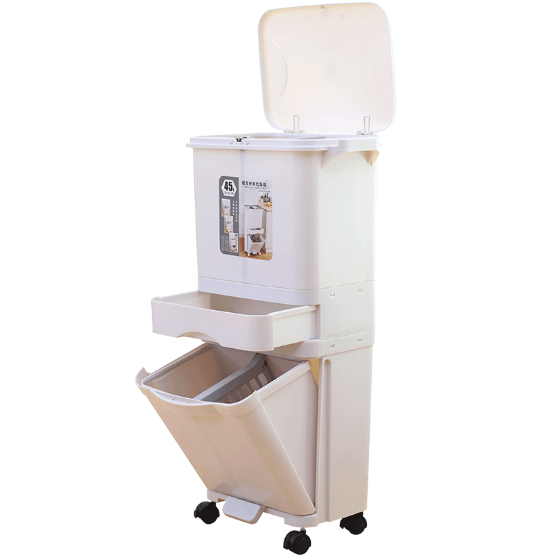 ABEPC Trash Can with Lid, 42L Capacity, for Home Kitchen Use, Large Capacity, Classified Dry And Wet Separation, Universal Wheels, Japanese-Style Double-Layer Design with Inner Bucket