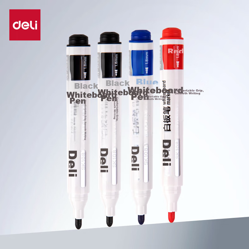Deli Erasable Whiteboard Markers with Thick Tips, Durable And Wear-Resistant Office Stationery for Meetings, Teachers' Training And Teaching 2 Black 1 Red 1 Blue Mixed Colors 4 Pcs/box SK223
