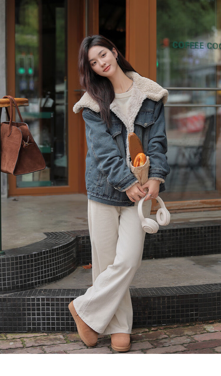 DME Fashion Vintage Large Lapel Winter Denim Composite Faux Lamb Wool Jacket for Women Dark Denim Blue S 11