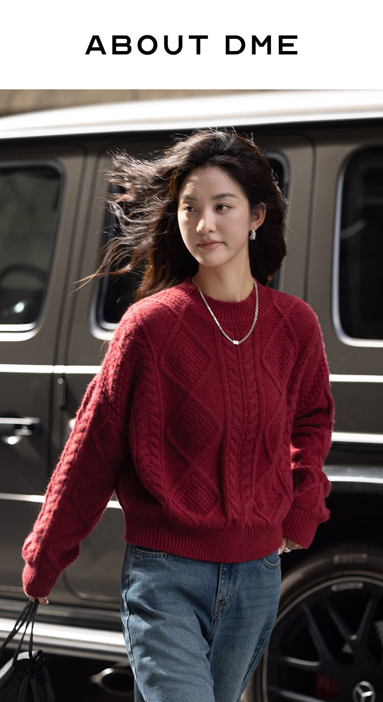Dme [Romantic Red Knit Sweater], Spring And Autumn Round Neck Pullover Cable Knit Long-Sleeve Warm Sweater for Wome 1