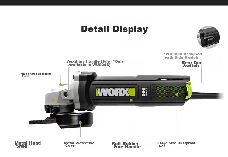 WORX 900W Angle Grinder WU900S Cutting Machine Polisher Slotting Machine Hand Grinder Grinding Wheel Sander 13