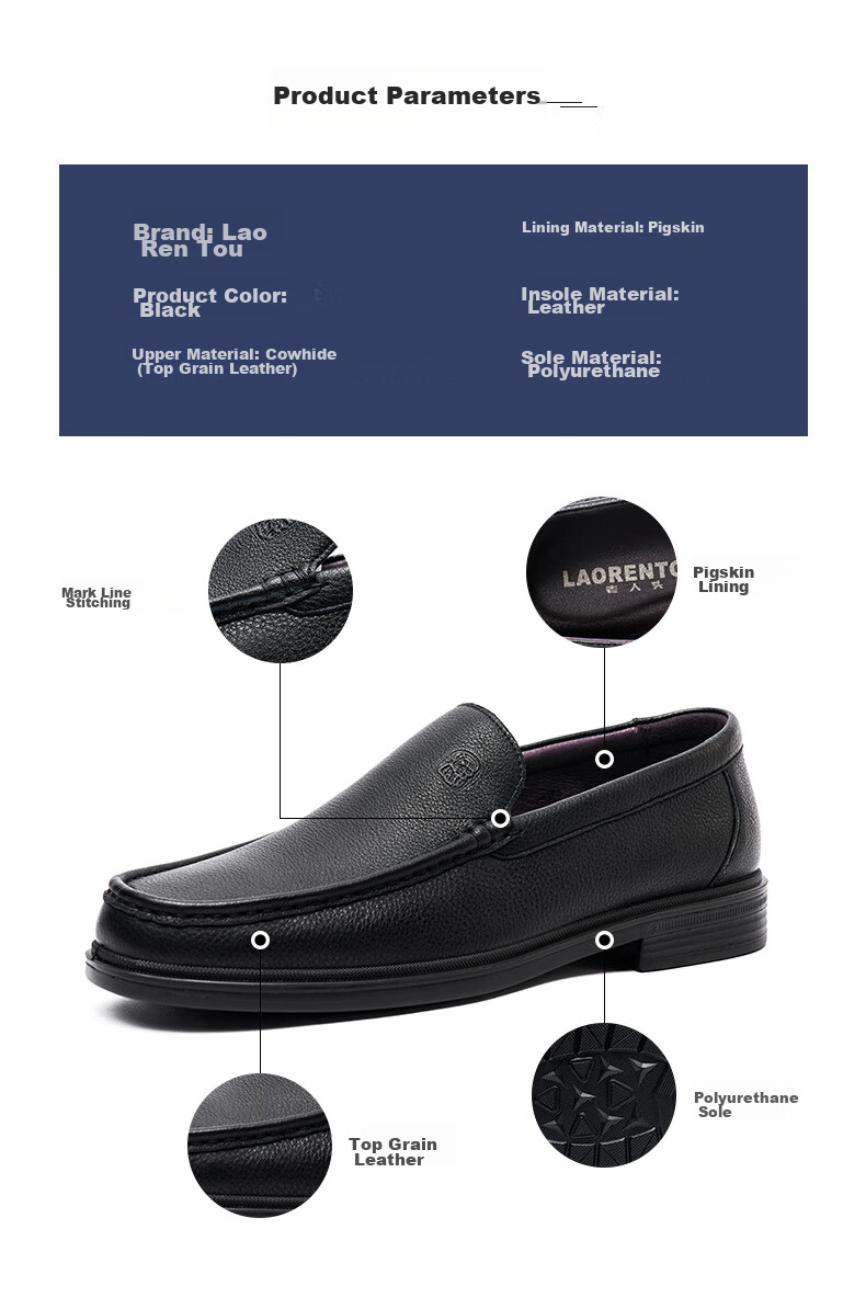 LAORENTOU Men's Leather Shoes, Business Casual Breathable Soft Upper Formal Dress Shoes, Slip-On Dad Shoes A20231 Black Size 40 3