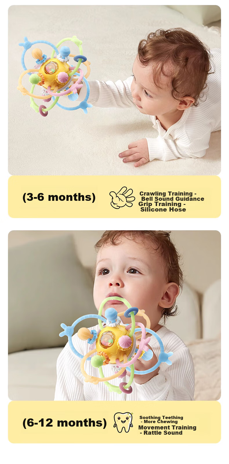 Beisinai Manhattan Rattle Ball, Suitable for Infants 0-6 Months, Chewable Food Grade Toy, Oral Stage Baby Rattle 4