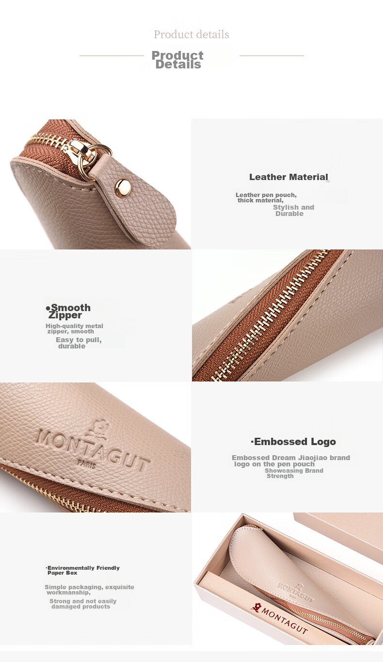 MONTAGUT Fountain Pen Pouch, Cross-Grain Leather Zipper Pouch, Business Office Multi-Functional Storage Bag 4