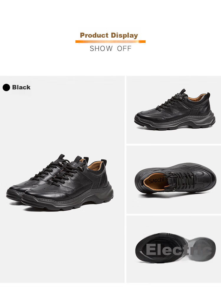 SATCHI Men's Shoes, Autumn Men's Leather Shoes, Thick-Soled Outdoor Sports Shoes, Casual Leather Shoes, 522462131Z, Black, Size 41 10