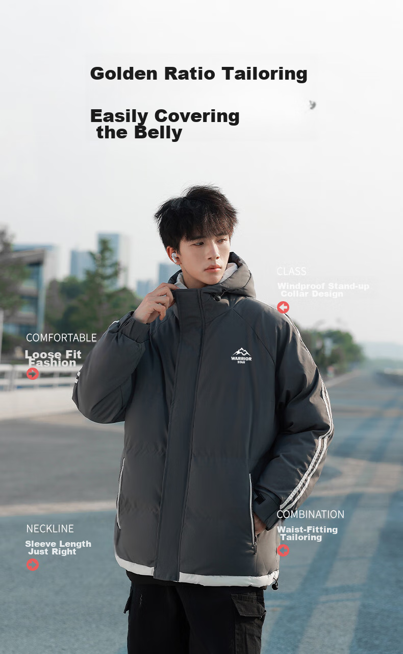 Warrior Cotton Jacket for Men, Winter Thickened Warm Coat, Cold-Resistant Padded Outerwear, Versatile Hooded Puffer Jacket, Outdoor Sports Cotton Clothing 11