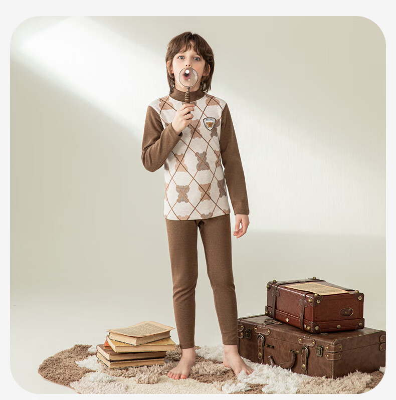 YING BO LUN Children's Thermal Underwear Set Pure Cotton Sweater and Pants School Uniform Essential 81105 Heather Gray Stripes Size 160 13