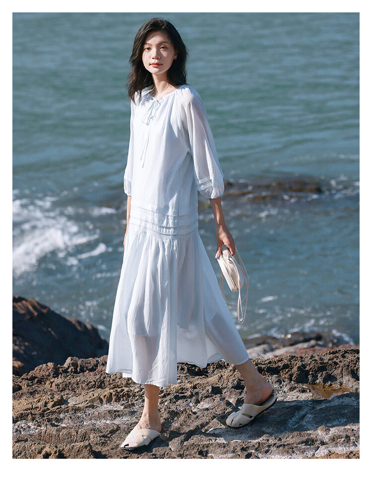 Dme First Love Style Light Blue Dress, Round Neck, Tie-Up Collar, Fairy-Like Long Sleeve Dress for Women, Light Blue, M 1