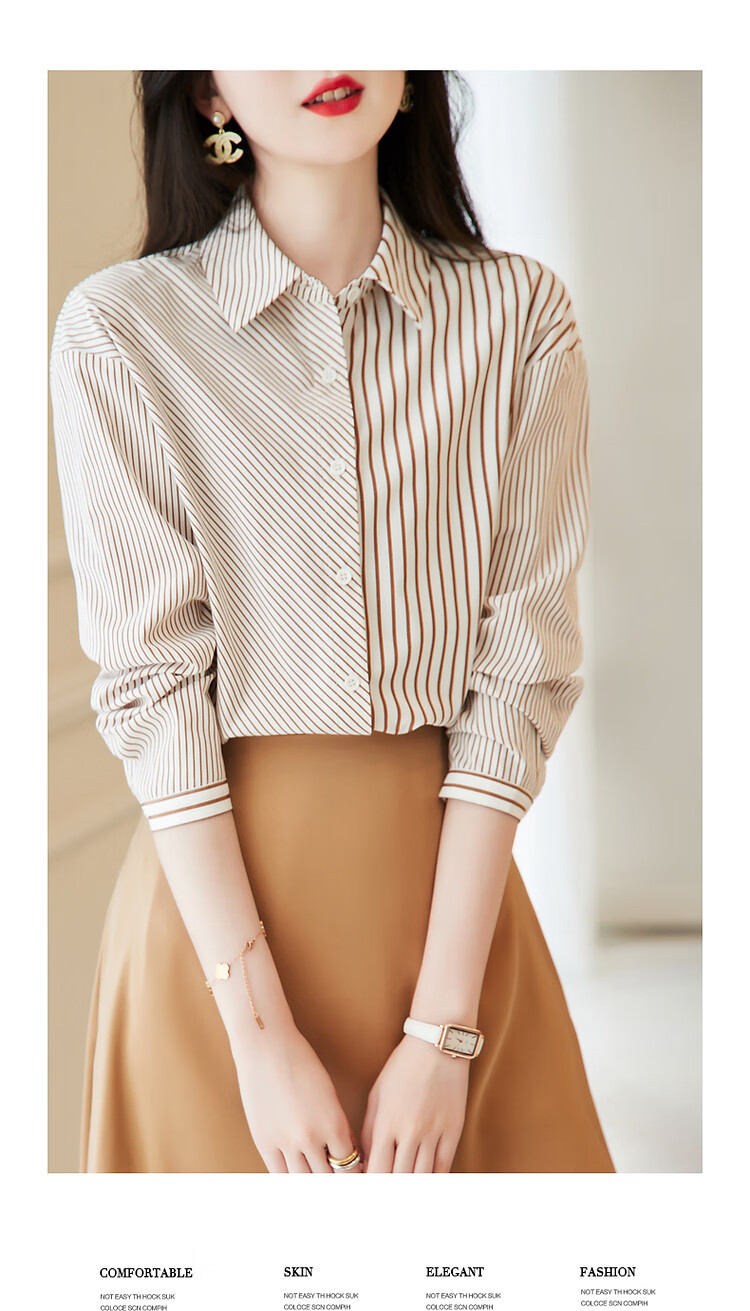 Dme [Stylish Intellectual] Spring And Autumn Free Simple Striped Patchwork Shirt, Comfortable Cotton-Blend Slimming Blouse 5