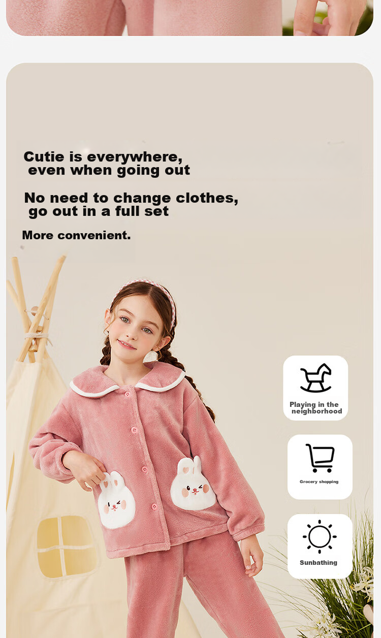 Dingguagua Winter Girls' Pajama Set, Flannel Fleece for Older Children, Coral Fleece Children's Loungewear, Pink, Size 170 9